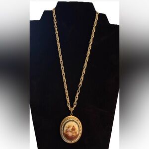 Victorian Style Hand Painted Porcelain Courting Scene Pendant Necklace